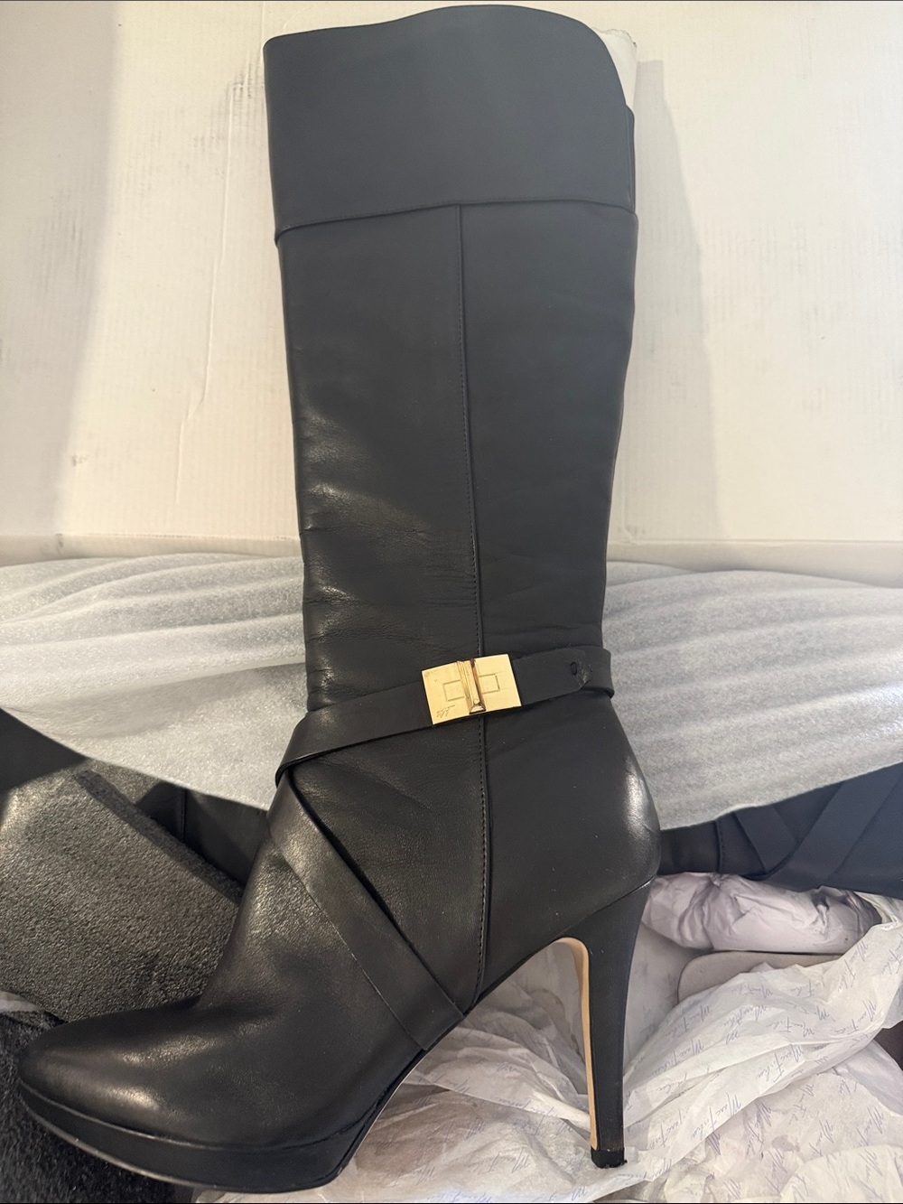 Marc Fisher Black Leather Knee-High Stiletto Boots with Gold Buckle Accent